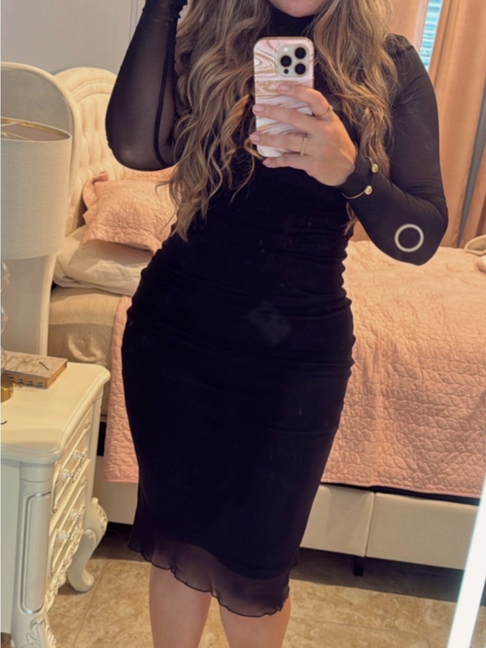 Black Sheer-Sleeve Bodycon Midi Dress